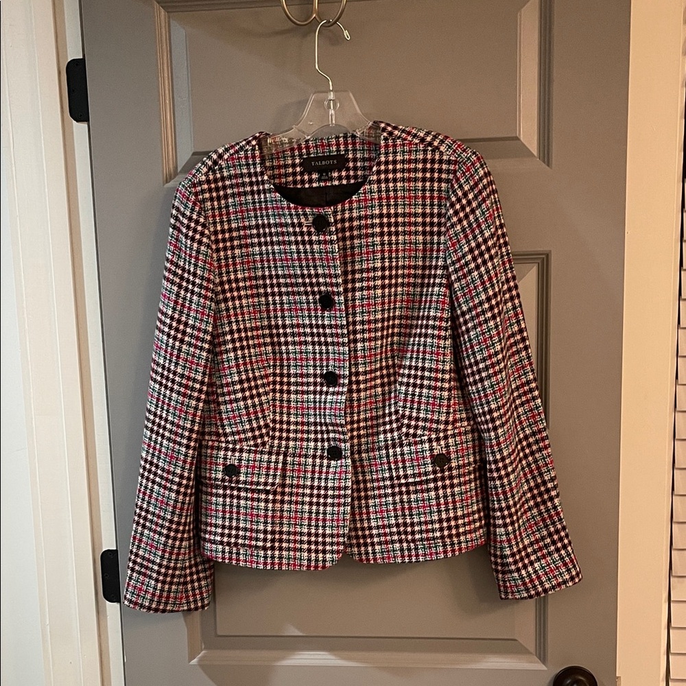 Talbots Women's Checkered Blazer - Red, Black, White, Green